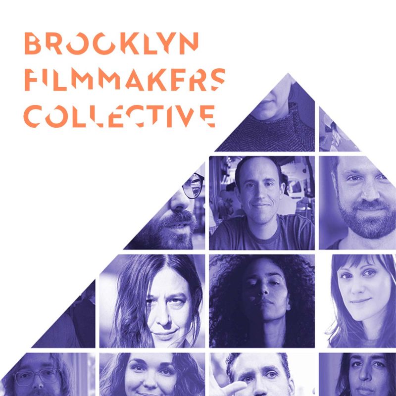 Blue Triangle filled with faces and words Brooklyn Film Collective in orange