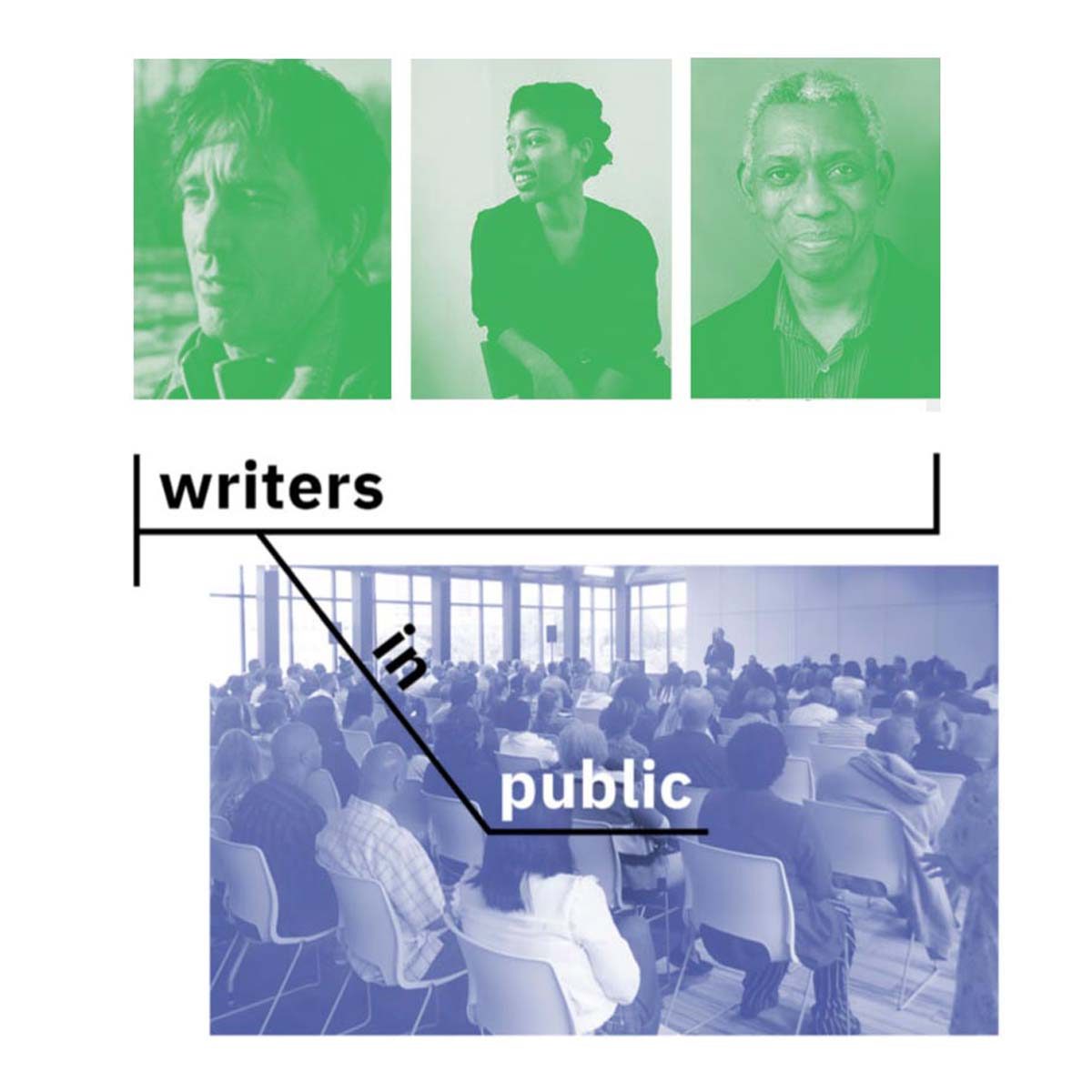 writers faces in blue and green hues with text writers in public overlaid over graphic of writers visiting a community space